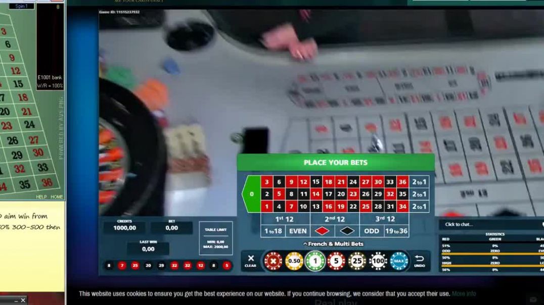 Roulette LIVE Win 1005.00  REAL playing 1000 aim win from start sum30%-50% 300-500 then stop session